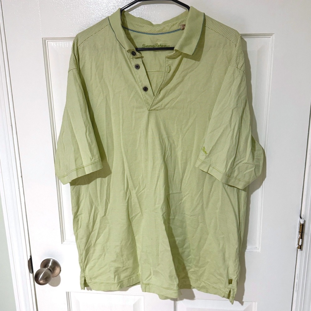 Tommy Bahama Mens XL Polo Shirt Lime Green White Striped Cotton Short Sleeve - Picture 1 of 5